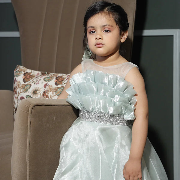 Princess gown dress for girls in pista green, full-length shimmer, Jaipur