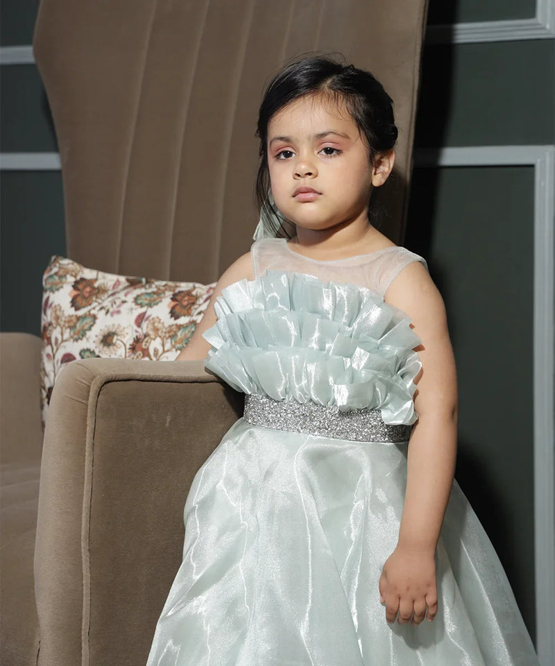 Princess gown dress for girls in pista green, full-length shimmer, Jaipur