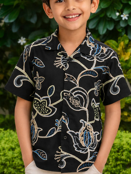 Boys Black Floral Printed Shirt