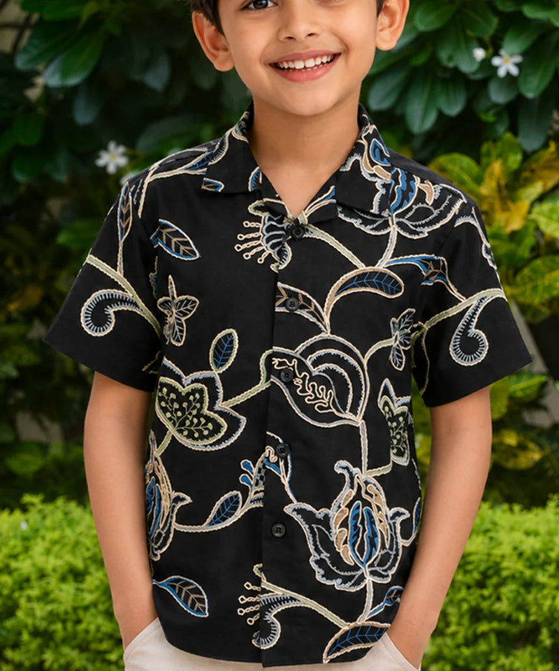 Boys Black Floral Printed Shirt
