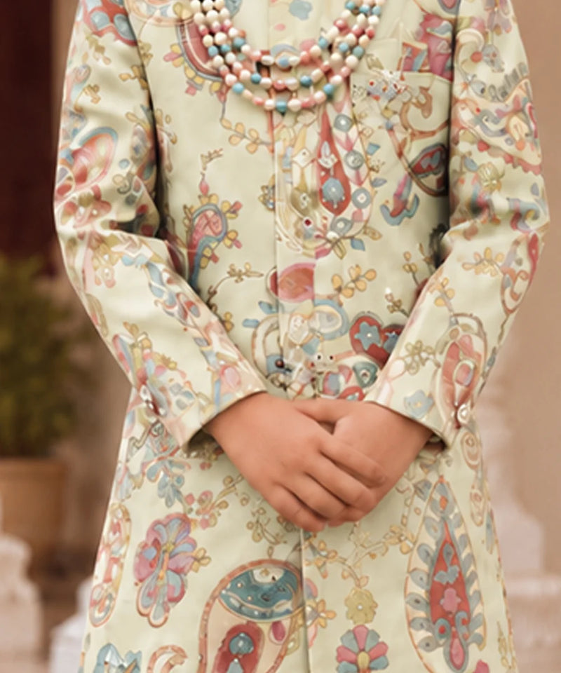 Close-up of boys' paisley print sherwani