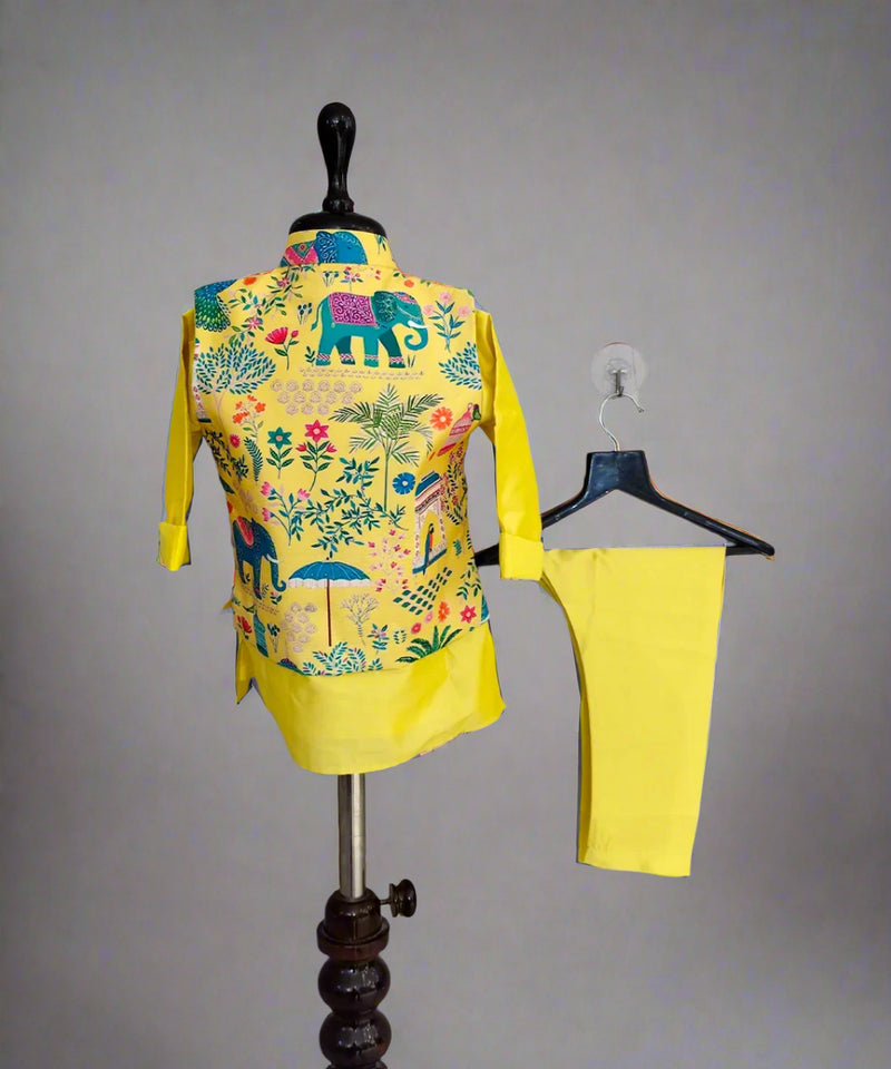 Colorful outfit with yellow pants and patterned shirt on mannequin against plain background