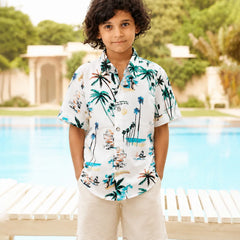 Boys White Printed Party Shirt