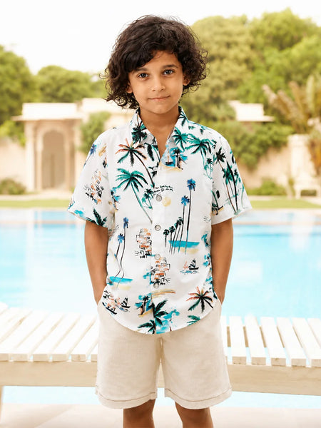 Boys White Printed Party Shirt
