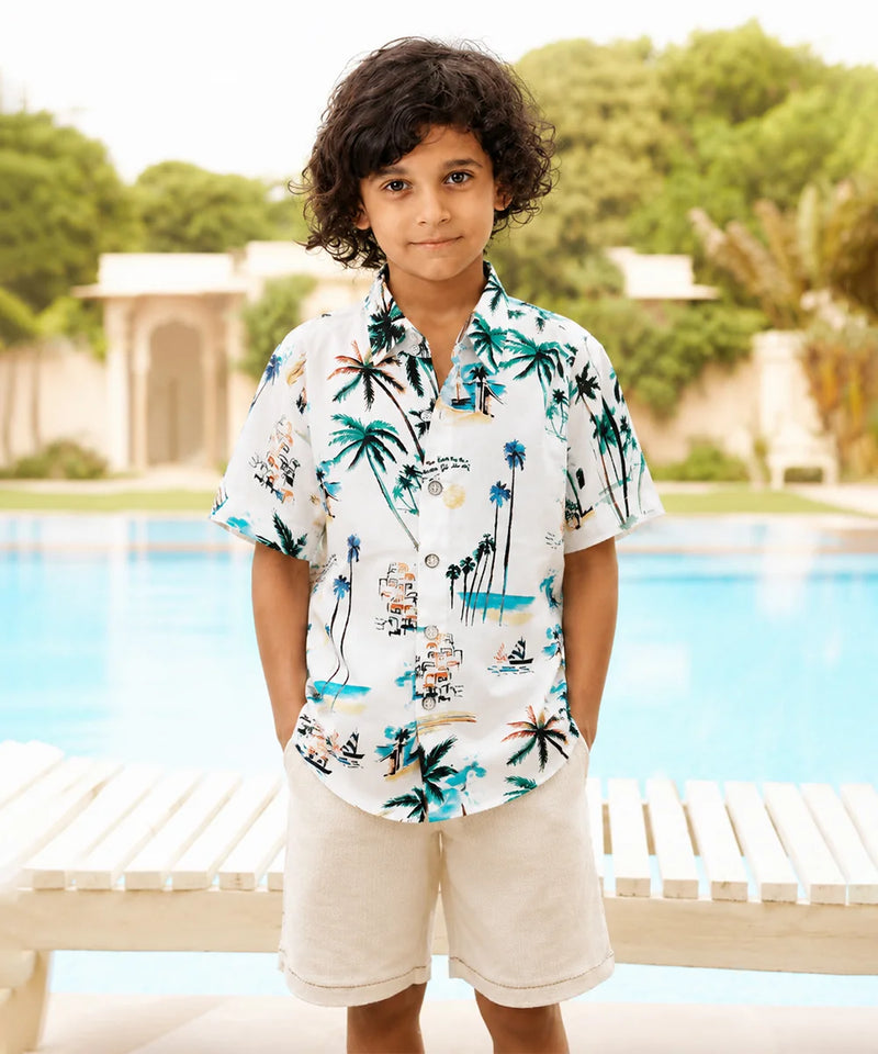Boys White Printed Party Shirt