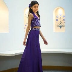 designer purple crop top & flared pants co-ord set with hair accessories for girls 