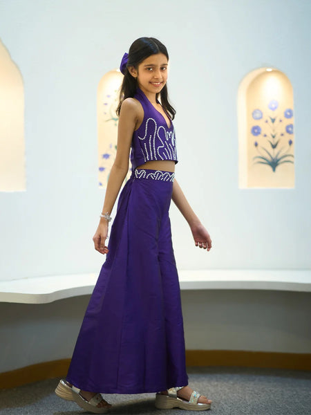 designer purple crop top & flared pants co-ord set with hair accessories for girls 