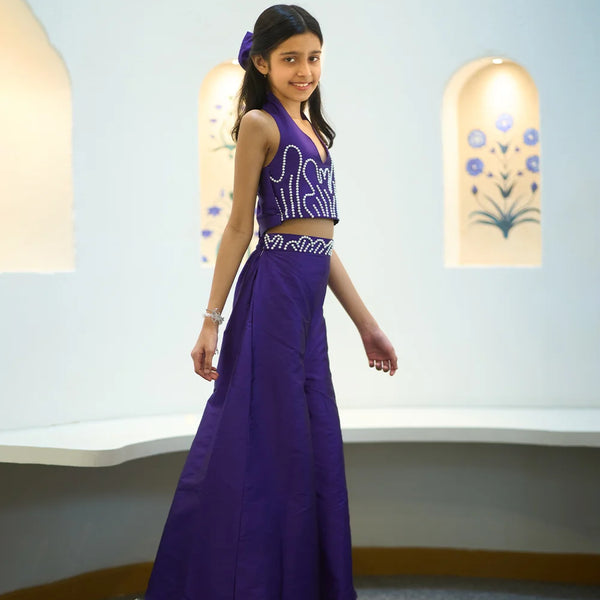 designer purple crop top & flared pants co-ord set with hair accessories for girls 