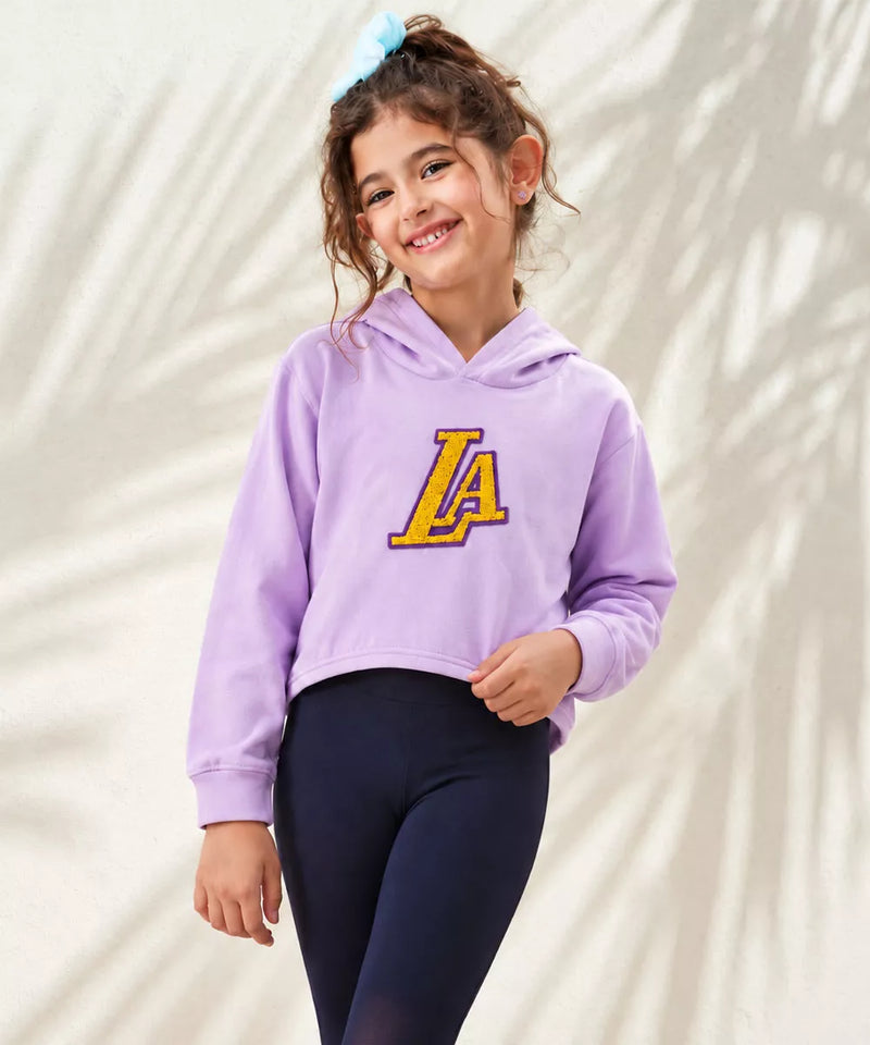 Girls' purple full sleeve crop hoodie top, front view, by Devils N Angels Jaipur