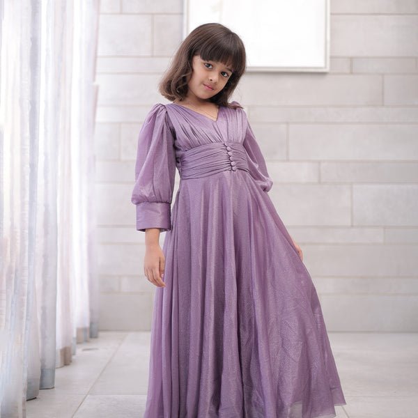 Purple party wear gown for girls, shimmer fabric, Jaipur kids fashion