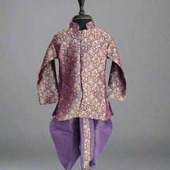 A purple colored dhoti-kurta set for boys displayed on a mannequin.