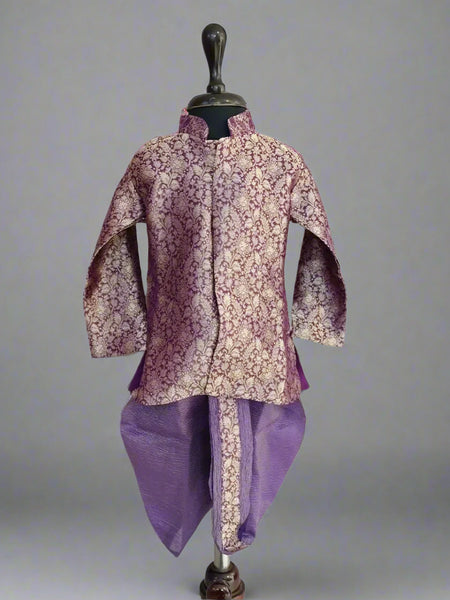 A purple colored dhoti-kurta set for boys displayed on a mannequin.