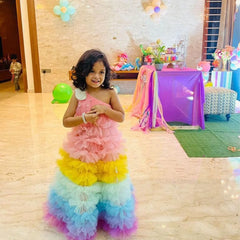 Rainbow ruffle birthday party gown for girls, one-shoulder, Jaipur kidswear

