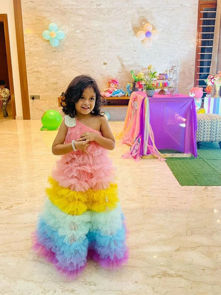 Rainbow ruffle birthday party gown for girls, one-shoulder, Jaipur kidswear

