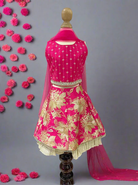 Rani pink baby lehenga with flower jacquard and embroidered choli, readymade lehenga for kids in Jaipur