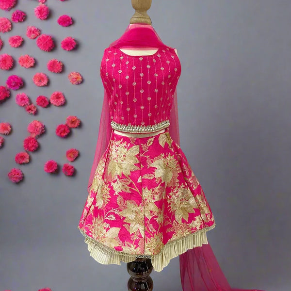 Rani pink baby lehenga with flower jacquard and embroidered choli, readymade lehenga for kids in Jaipur