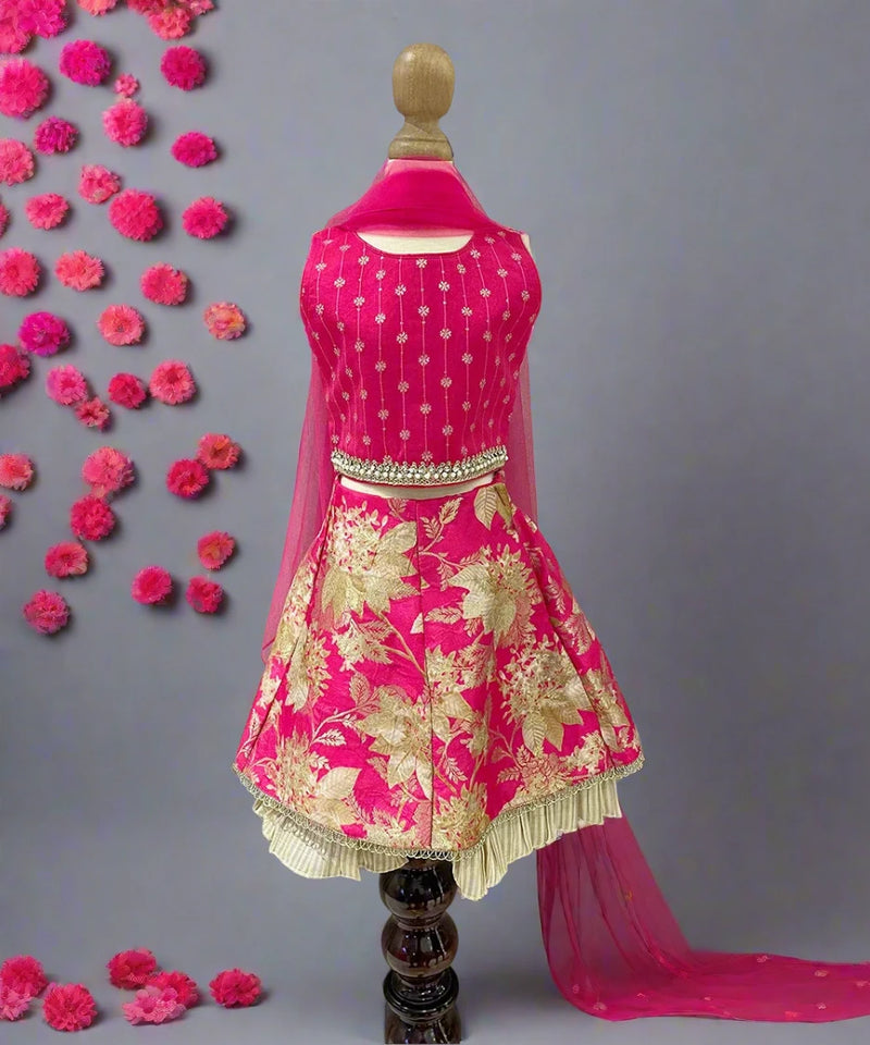 Rani pink baby lehenga with flower jacquard and embroidered choli, readymade lehenga for kids in Jaipur