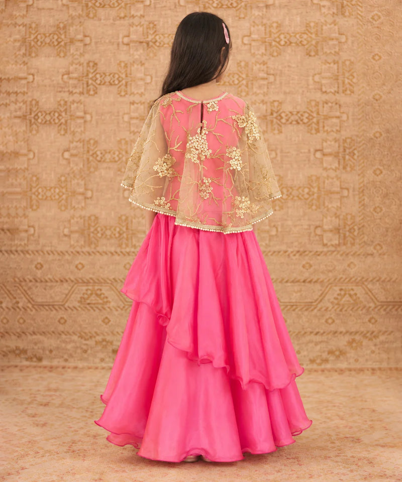 A woman viewed from behind wearing a bright pink traditional outfit with a layered flared skirt and a sheer beige embroidered cape-style overlay, posed against a patterned beige backdrop.