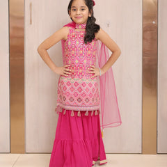 Rani pink sharara set for girls with hand embroidered top, readymade lehenga for kids in Jaipur