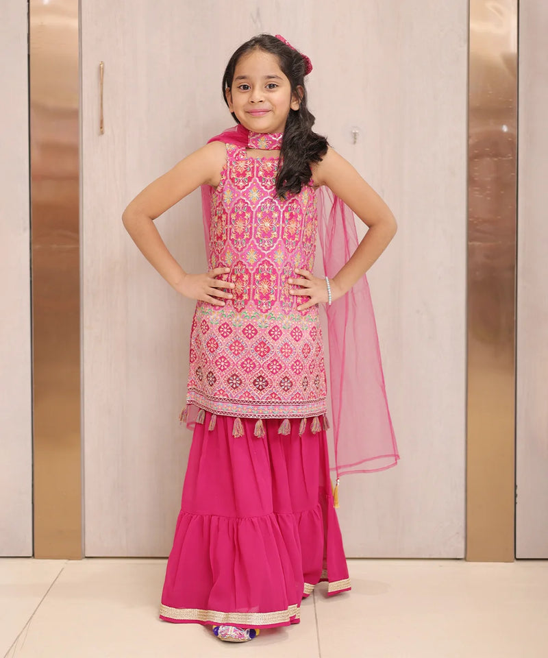Rani pink sharara set for girls with hand embroidered top, readymade lehenga for kids in Jaipur