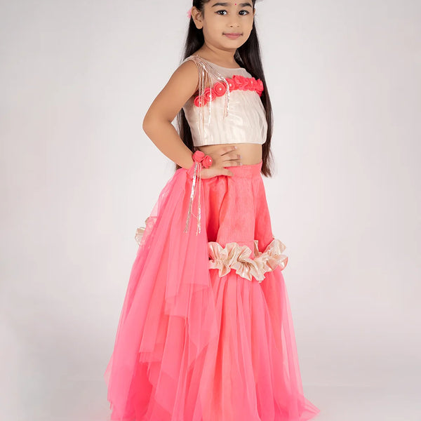 Readymade lehenga for kids in Jaipur with price, neon pink with flower detailing