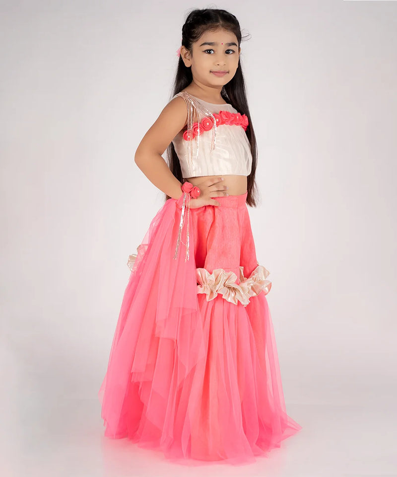 Readymade lehenga for kids in Jaipur with price, neon pink with flower detailing