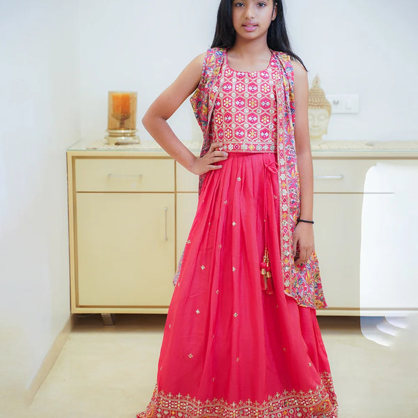 Tomato color lehenga with shrug for girls, readymade lehenga for kids in Jaipur