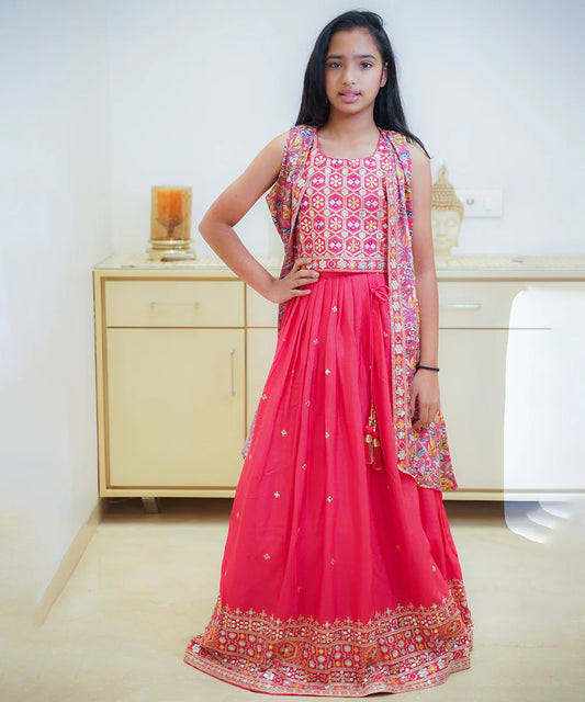 Tomato color lehenga with shrug for girls, readymade lehenga for kids in Jaipur