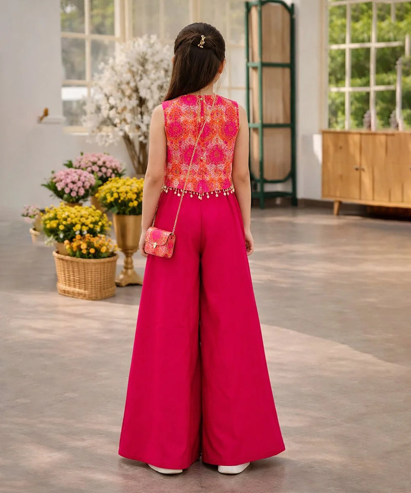 Woman in a bright pink outfit with a colorful top and wide-leg pants, standing in a room with flowers and a cabinet.