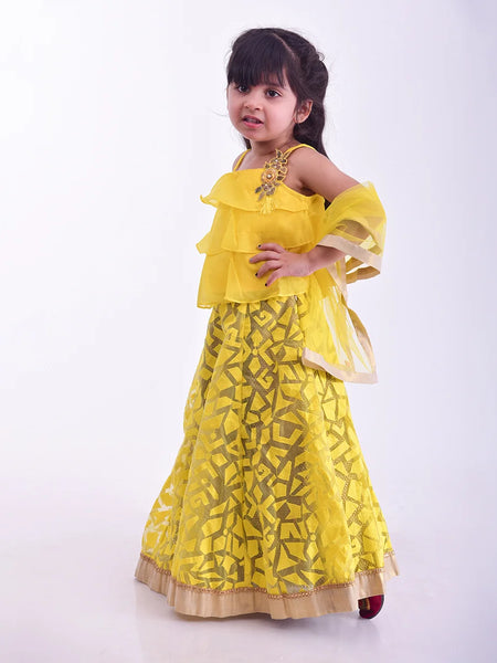 Readymade yellow lehenga for kids in Jaipur, sleeveless choli and matching net skirt