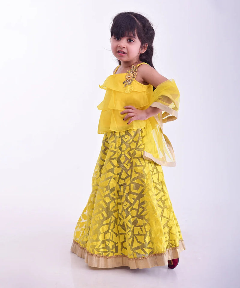 Readymade yellow lehenga for kids in Jaipur, sleeveless choli and matching net skirt