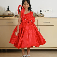 Red designer birthday frock for girls with floral waist detail, Jaipur kidswear showroom


