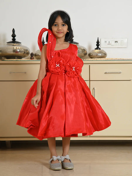 Red designer birthday frock for girls with floral waist detail, Jaipur kidswear showroom

