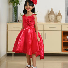 Red birthday frock for girls with floral waist detail, Jaipur kidswear