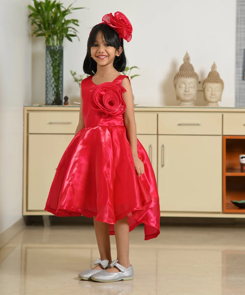 Red birthday frock for girls with floral waist detail, Jaipur kidswear