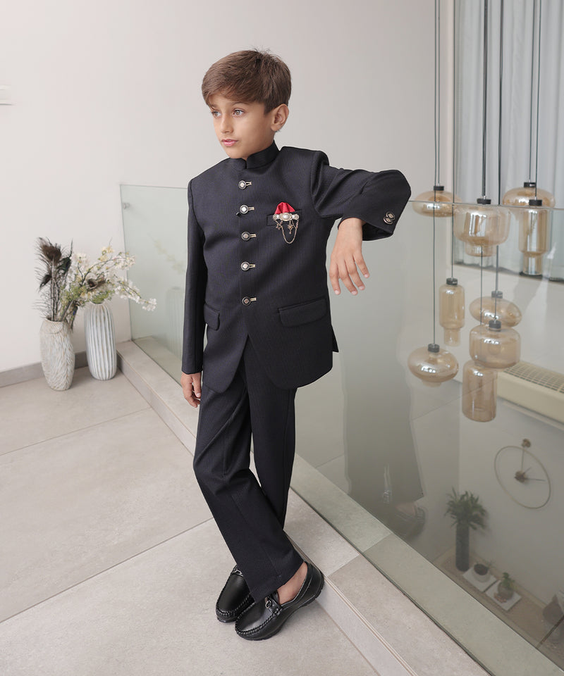 Elegant boys Jodhpuri partywear set, soft black coat and pants, Jaipur collection
