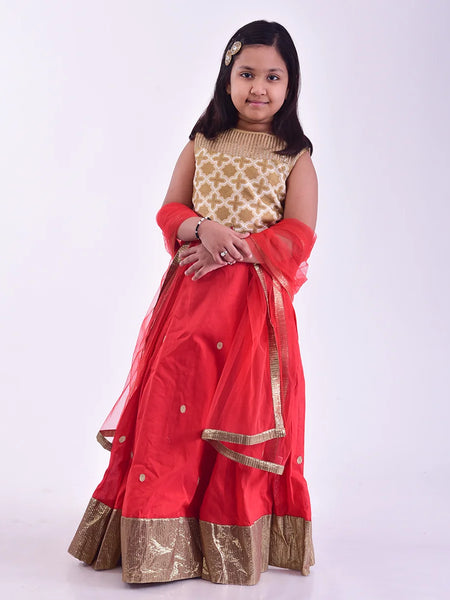 Red and cream embroidered kids' lehenga choli with sequin and net dupatta, perfect for weddings in Jaipur

