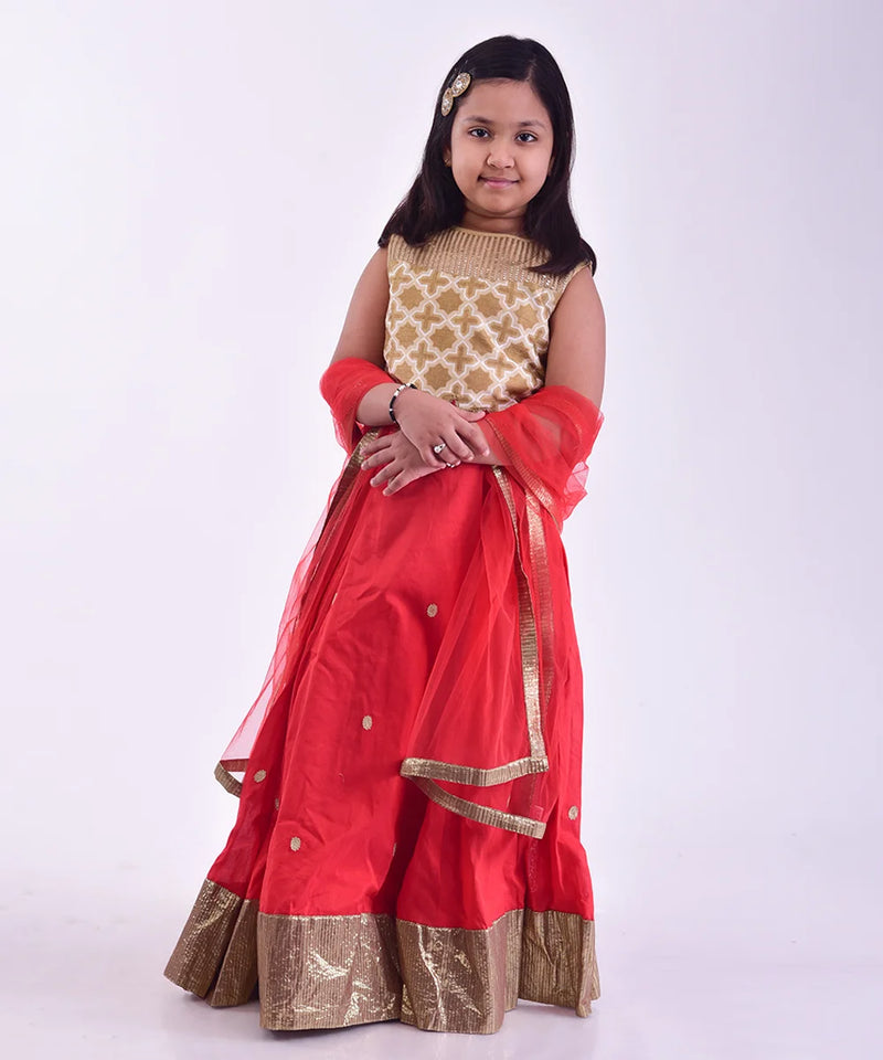 Red and cream embroidered kids' lehenga choli with sequin and net dupatta, perfect for weddings in Jaipur

