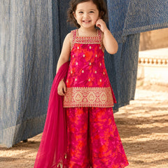 Red Banarasi print sharara kurta set for baby girls with dupatta