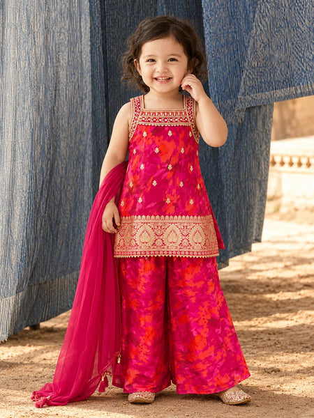 Red Banarasi print sharara kurta set for baby girls with dupatta