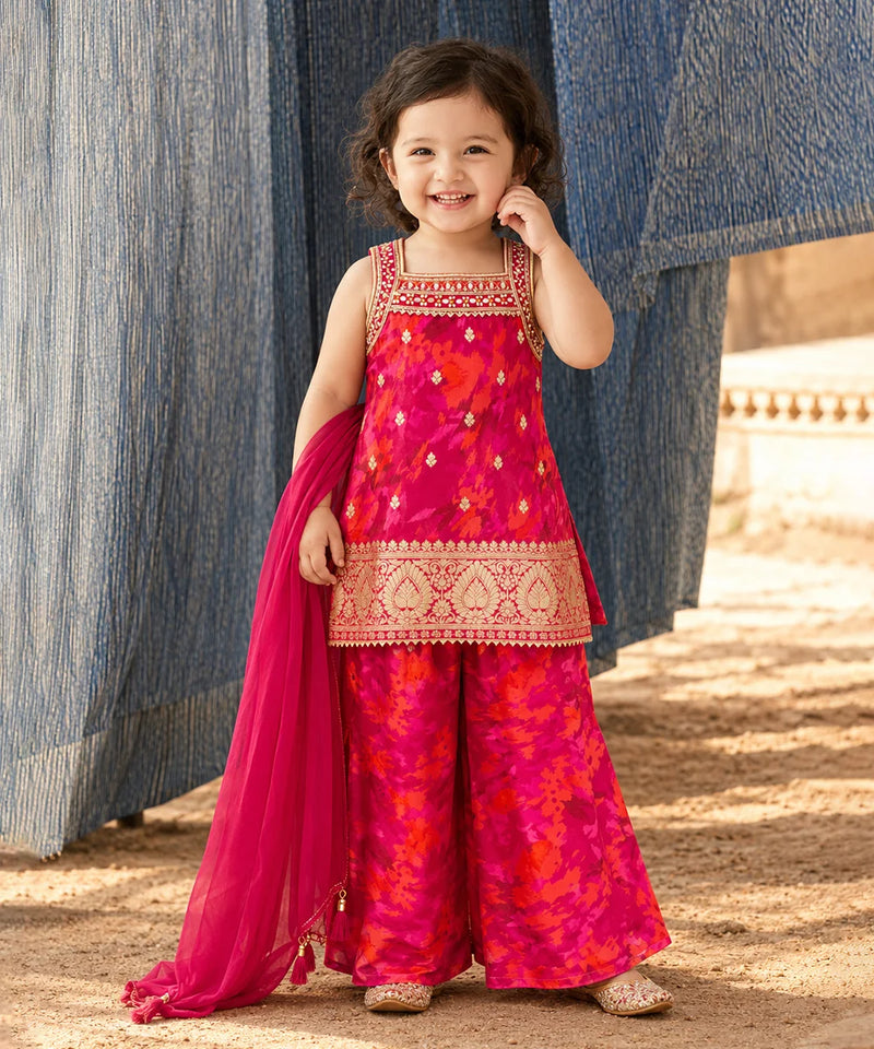 Red Banarasi print sharara kurta set for baby girls with dupatta