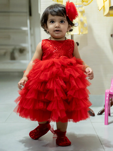 red ruffled party wear frock for baby girl 