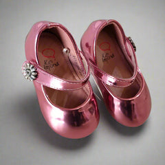 Infant girls' metallic pink Mary Jane flats with crystal button strap, Jaipur, 0–24 months