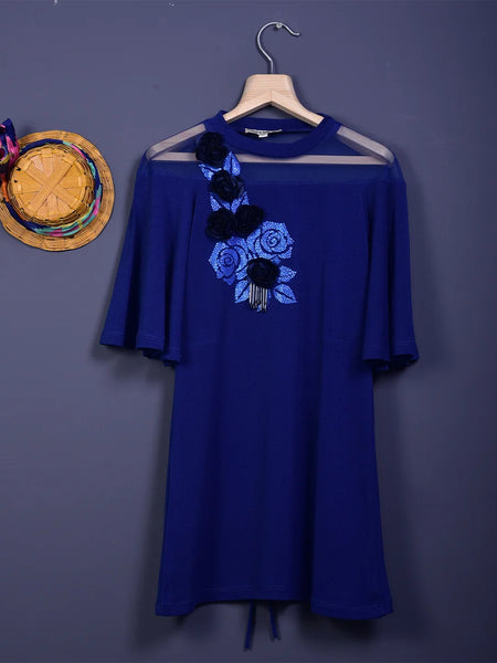 It is a royal blue Colored floral printed dress for girls. This dress has beautiful 3D and 2D floral detailing that uplifts the entire look.