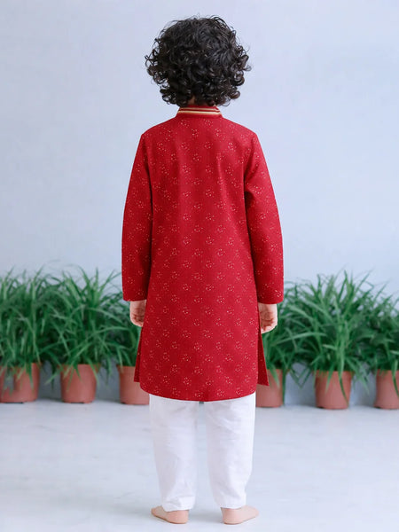 Child wearing a red kurta with white pants standing in front of green plants on a light gray background