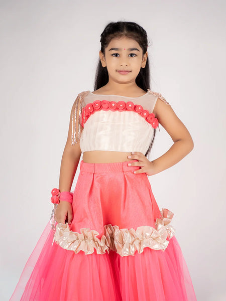 Ruffled net lehenga for girls with sleeveless choli and floral dupatta, ideal for festive occasions in Jaipur