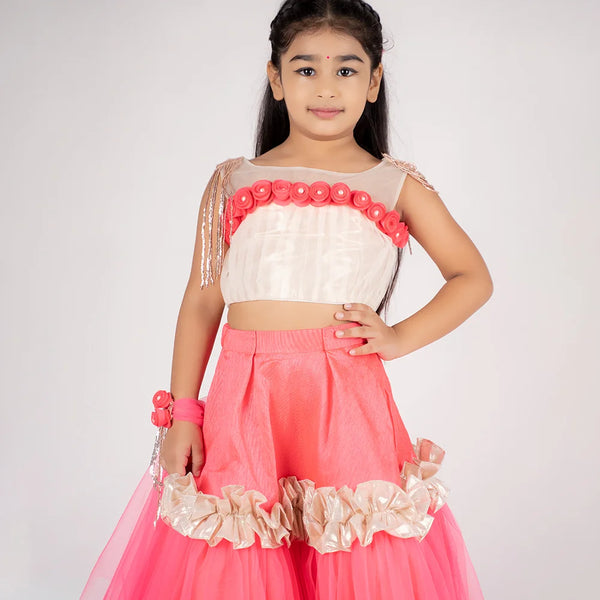 Ruffled net lehenga for girls with sleeveless choli and floral dupatta, ideal for festive occasions in Jaipur