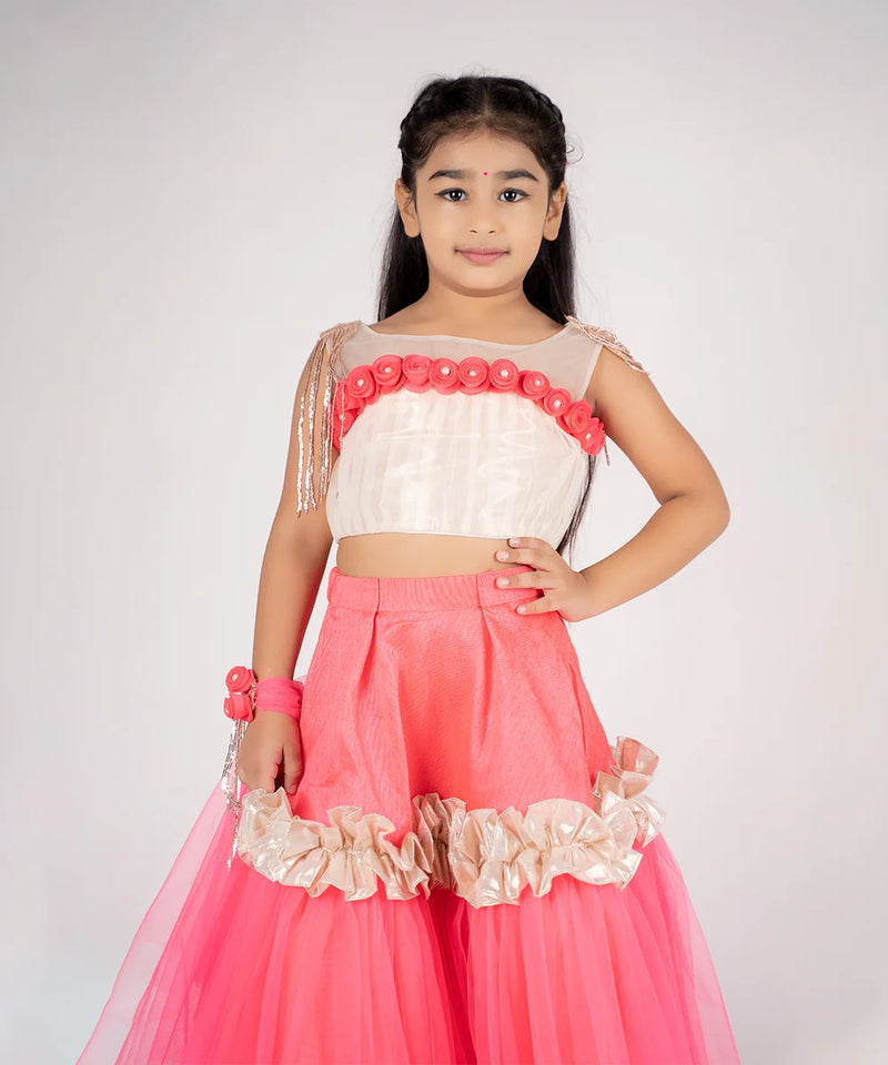Ruffled net lehenga for girls with sleeveless choli and floral dupatta, ideal for festive occasions in Jaipur