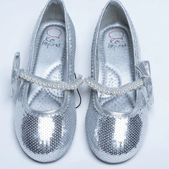 It's a pair of silver sequin work sandals with a round-toe. It features pearl detailing and Patterned synthetic outsole.