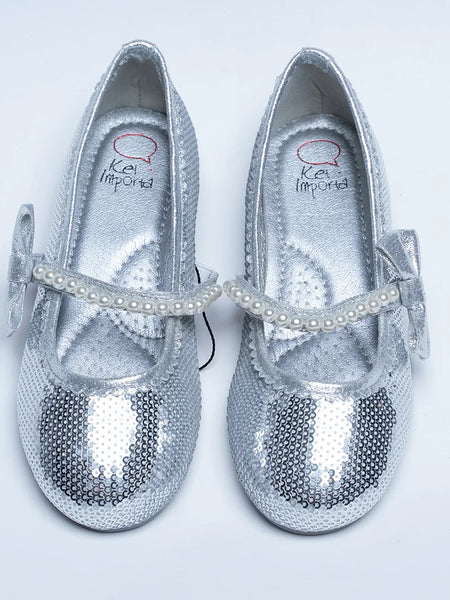 It's a pair of silver sequin work sandals with a round-toe. It features pearl detailing and Patterned synthetic outsole.